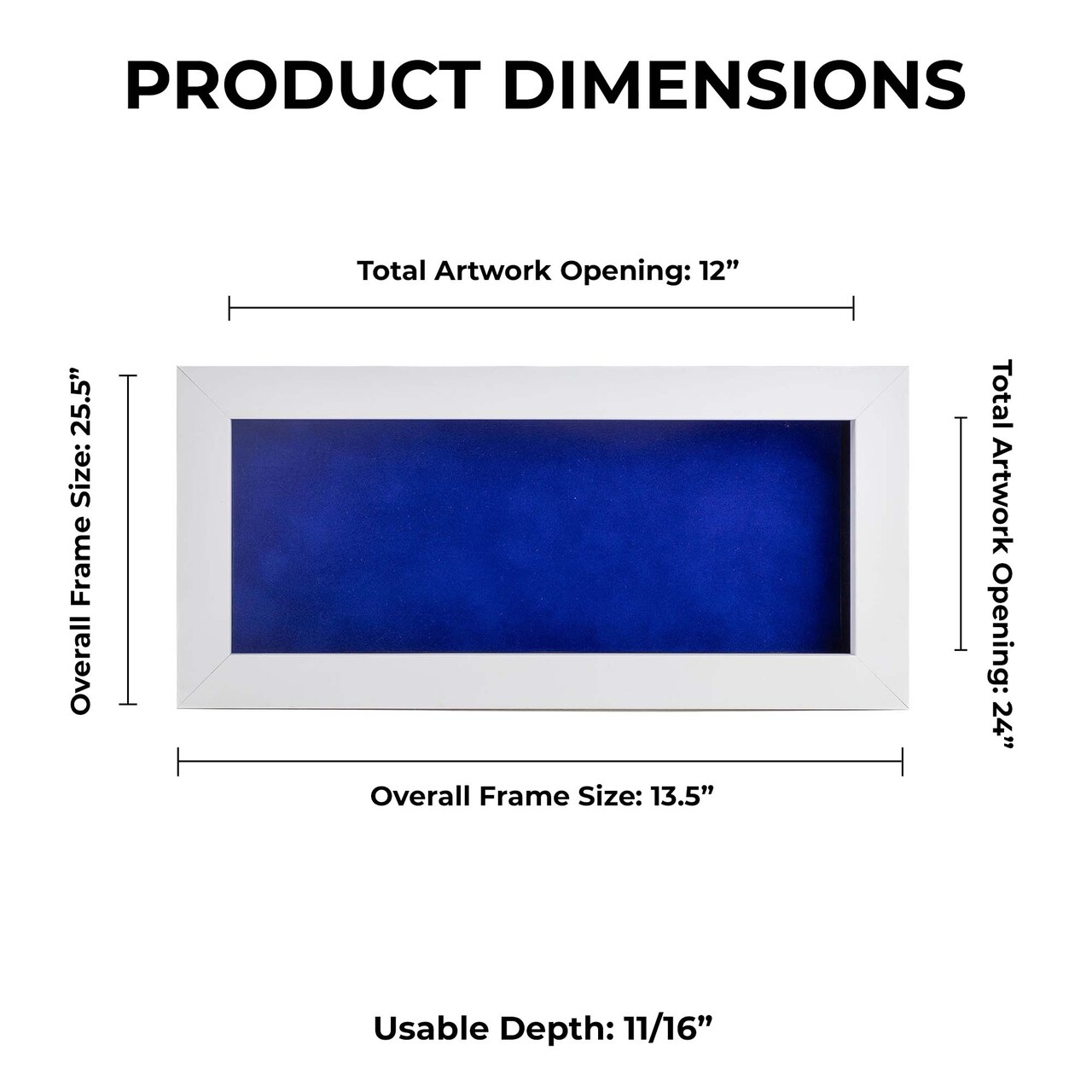 Classic White Wood Shadown Box Frame with Acrylic Front - Royal Blue Suede Backing, 30 Sizes